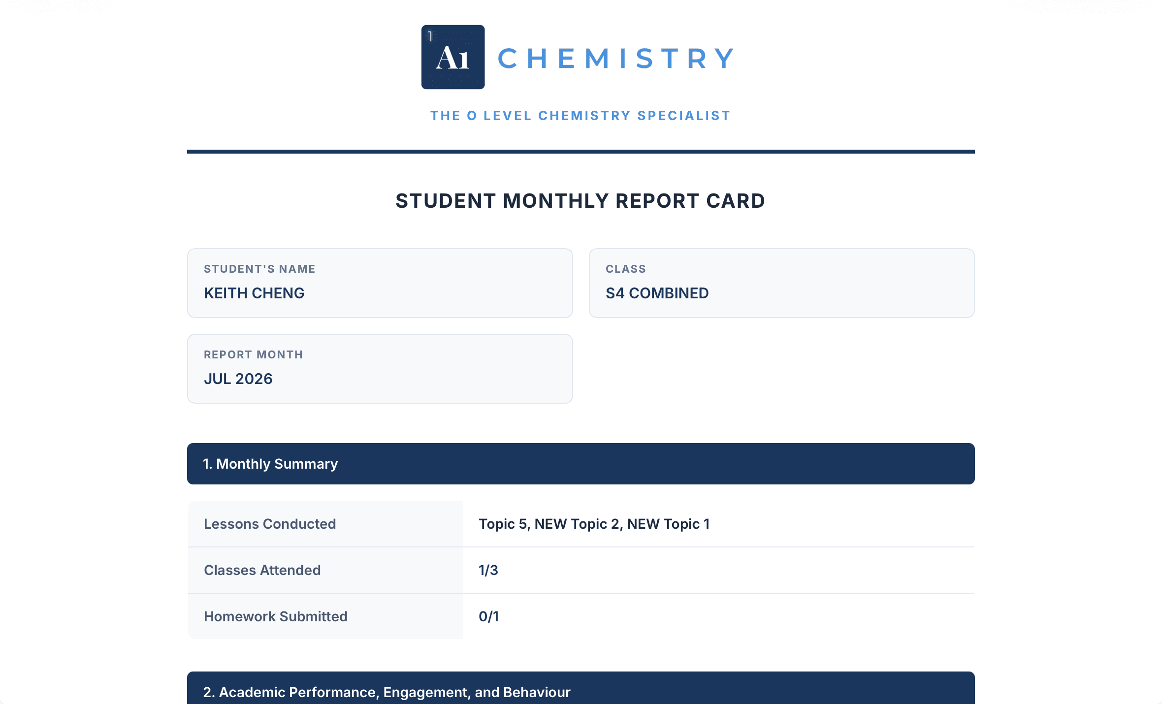 A1 Chemistry Student Progress Report